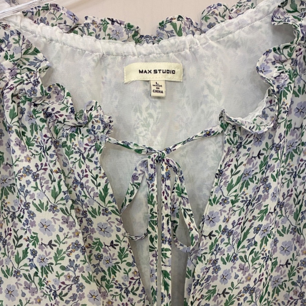 Max Studio Wmns Floral Ruffle Tie Neck Sleeveless Blouse Purple Green L 6707Y36B - Picture 4 of 10